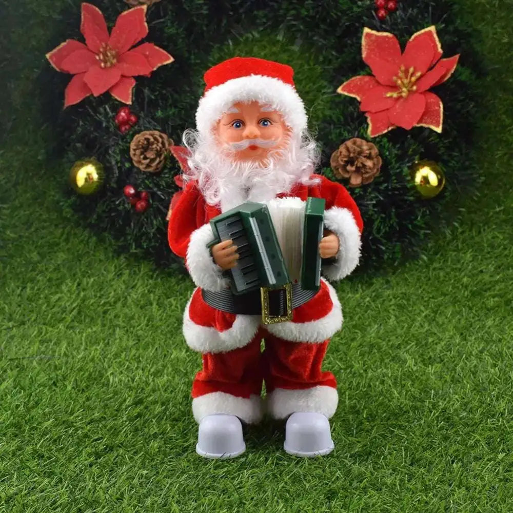 Plush santa claus climbing rainbow parachute toy in red and white holding a green accordion figurine