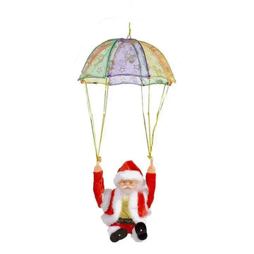 Santa claus climbing rainbow parachute toy with red white suit black shoes holding colorful sheer fabric ropes