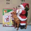 Red and white plush santa claus figurine riding a brown plastic reindeer holding a small green tree in climbing rainbow parachute toy