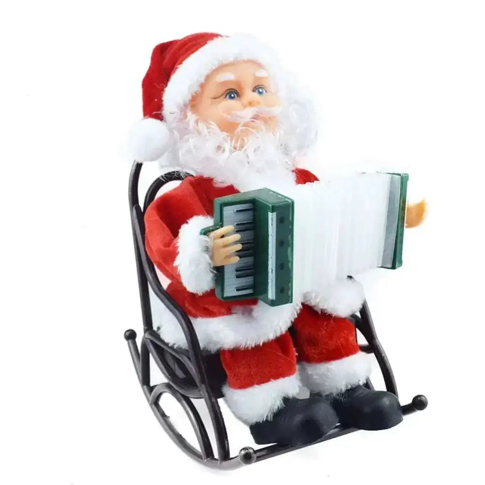 Red and white plush santa claus figurine seated in black rocking chair playing accordion for claus climbing rainbow toy