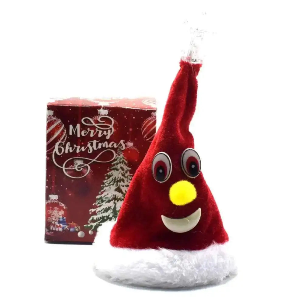 Red plush santa hat with white trim yellow nose and smiling mouth on claus climbing rainbow parachute toy