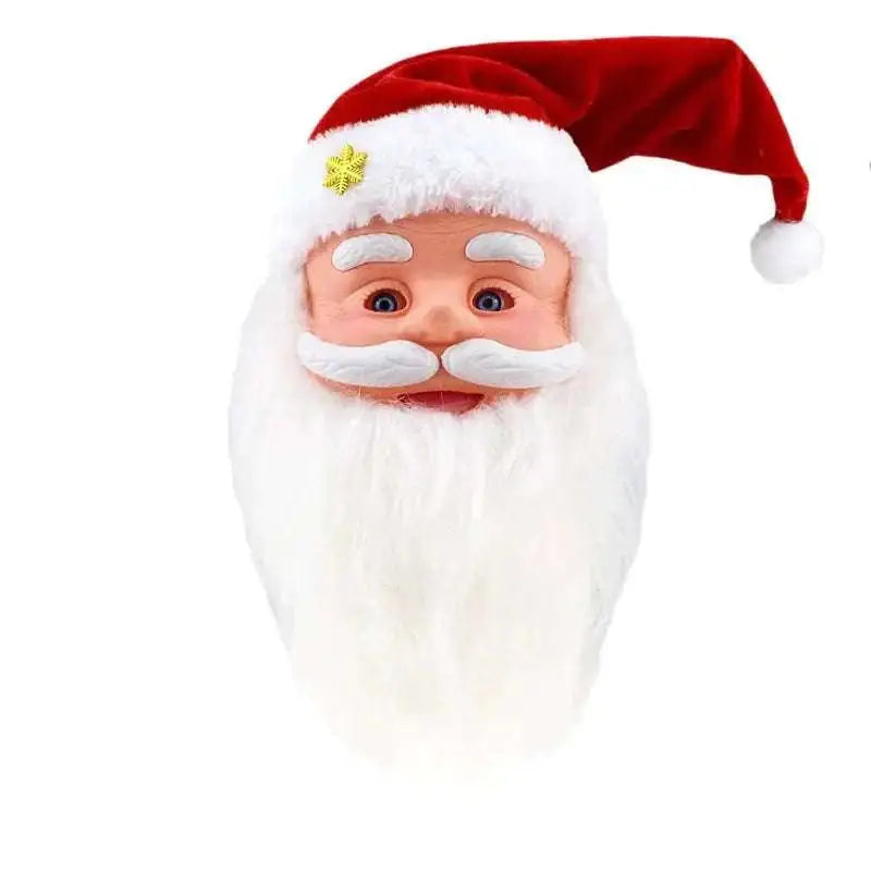 Red and white santa claus climbing rainbow parachute toy head with fluffy beard and velvet hat with gold snowflake