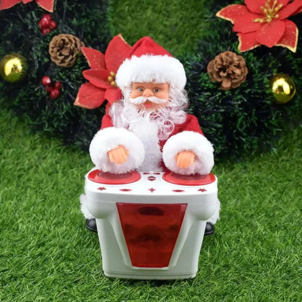 A plush santa claus climbing rainbow figurine in red and white seated at a dj turntable with a translucent red panel