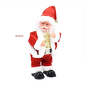 Red and white plush santa claus climbing rainbow parachute toy wearing a gold-trimmed vest and black shoes with bell hat
