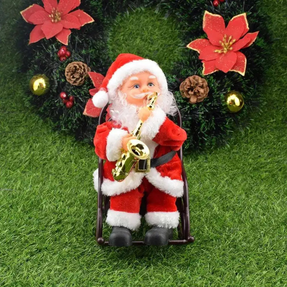 Red and white plush santa claus figurine holding a golden saxophone for santa claus climbing rainbow toy