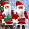 Two festive santa claus figurines in red velvet suits holding green and pink gift boxes for claus climbing rainbow toy