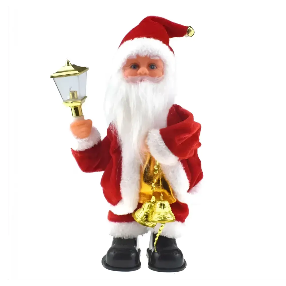 Red and white plush santa claus figurine holding a golden lantern for claus climbing rainbow parachute toy