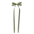 A delicate sage green satin bow braided hair ribbon tie set with long flowing tails for hair tie double styling