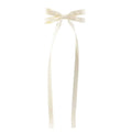 Cream-colored satin bow braided hair ribbon tie set with long flowing tails made from smooth satin material