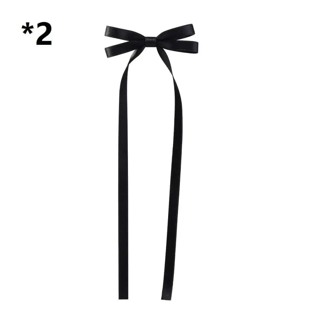 Black satin bow braided hair ribbon tie set with long slender tails for hair tie double styling