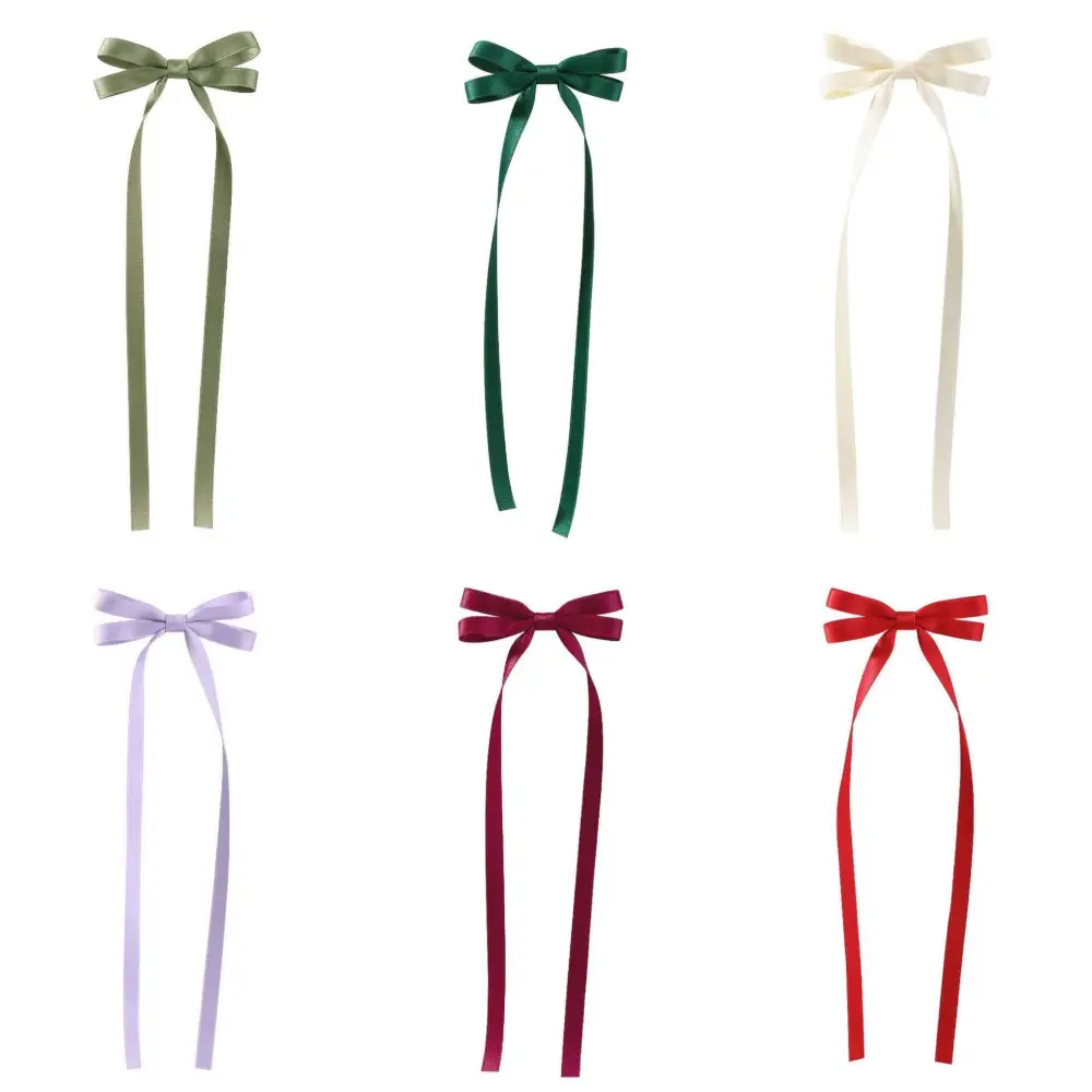 Six satin bow braided hair tie doubles in olive green forest green cream lavender burgundy and red satin ribbon set