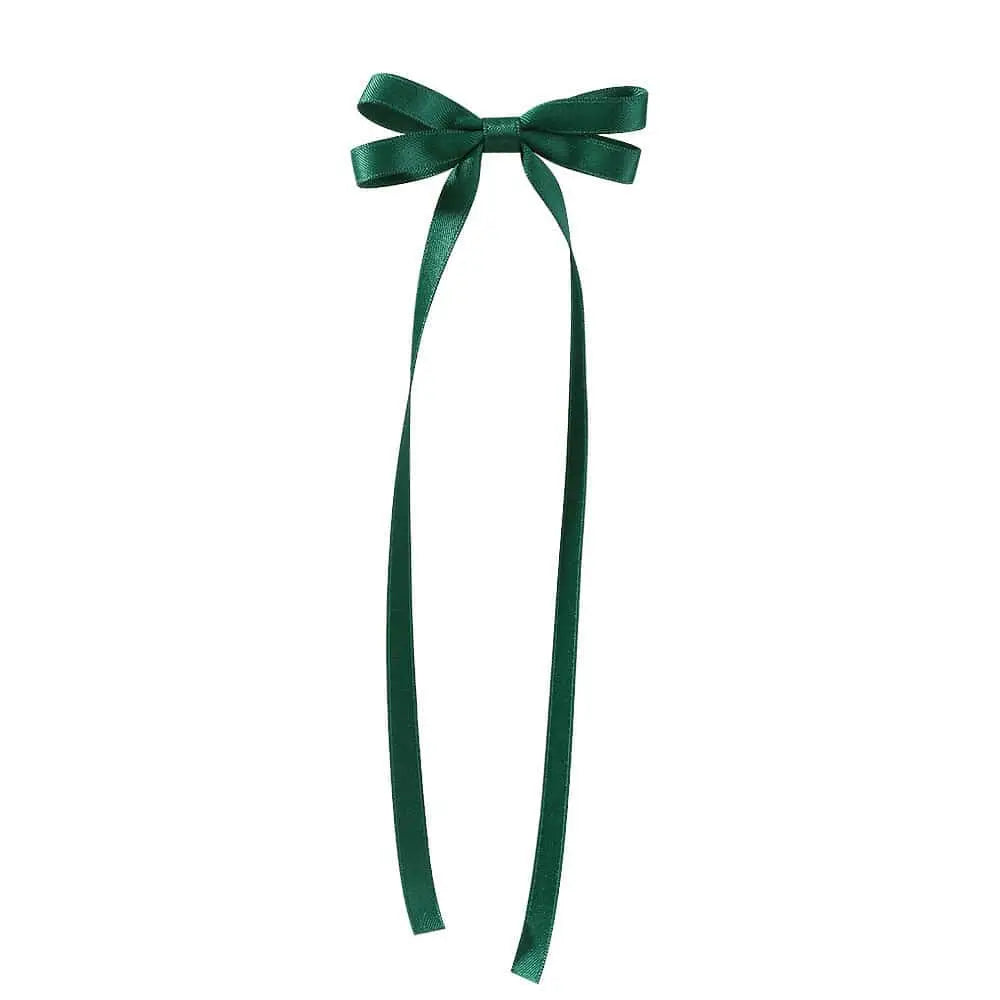 A deep green satin bow braided hair ribbon tie set with long tails for elegant hair styling and hair tie double use