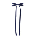 A navy blue satin bow braided hair ribbon tie set with a neat bow and long flowing tails for hair styling
