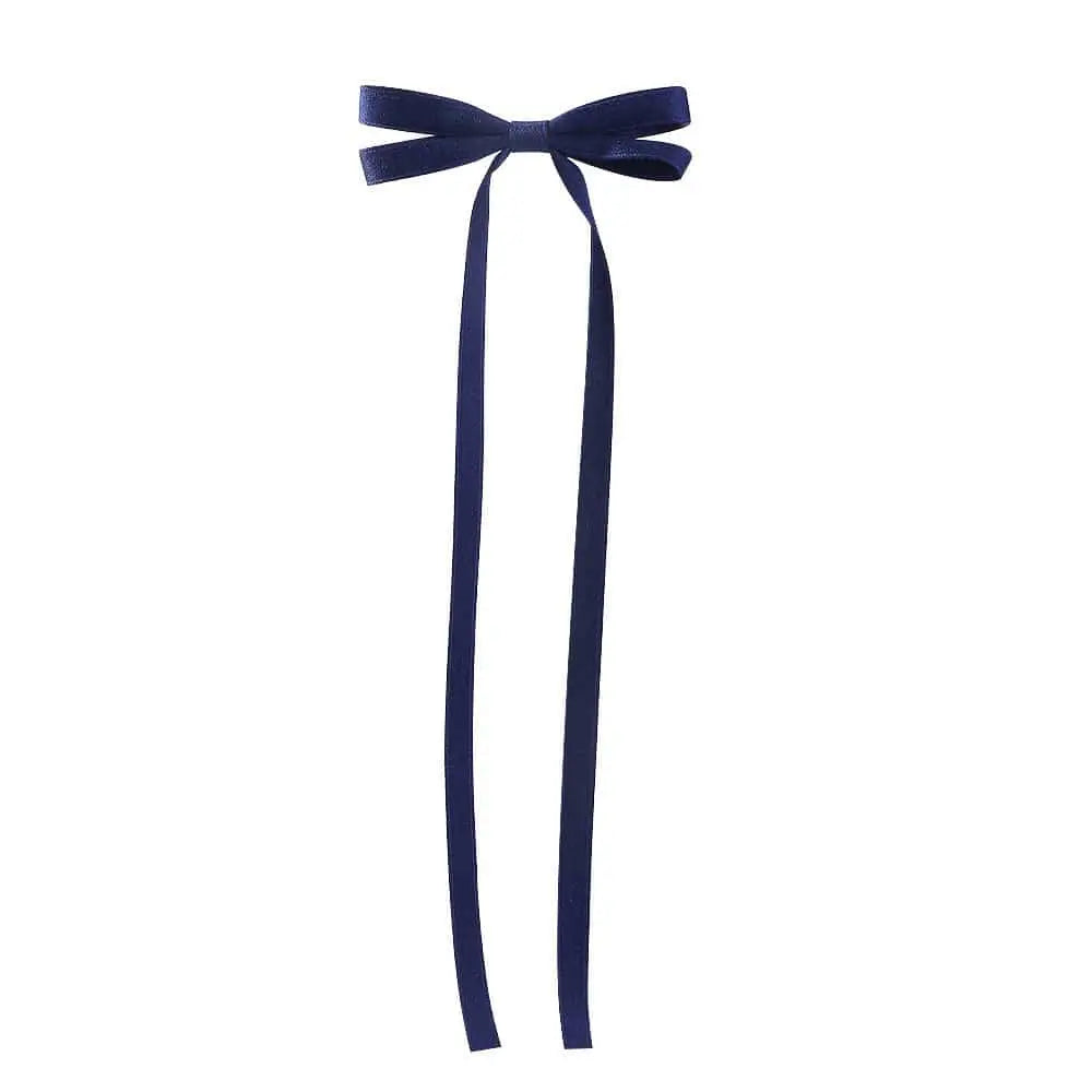 A navy blue satin bow braided hair ribbon tie set with a neat bow and long flowing tails for hair styling