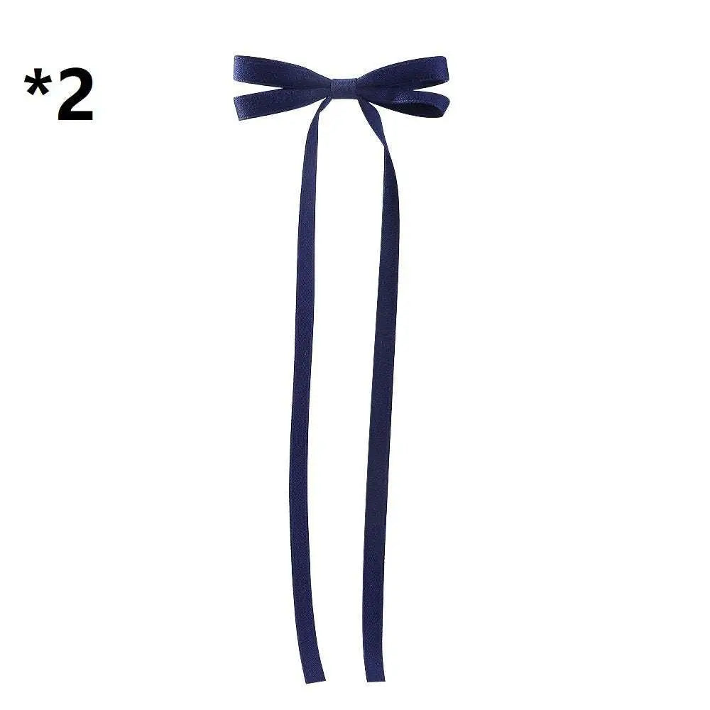 Deep navy satin bow braided hair ribbon tie set featuring a neat bow with long flowing tails for hair styling