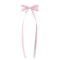 A delicate pink satin bow braided hair ribbon tie set with long flowing tails for elegant hair styling use