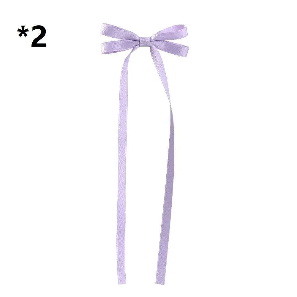 Delicate lavender satin bow braided hair ribbon tie set with long flowing tails for hair tie double styling