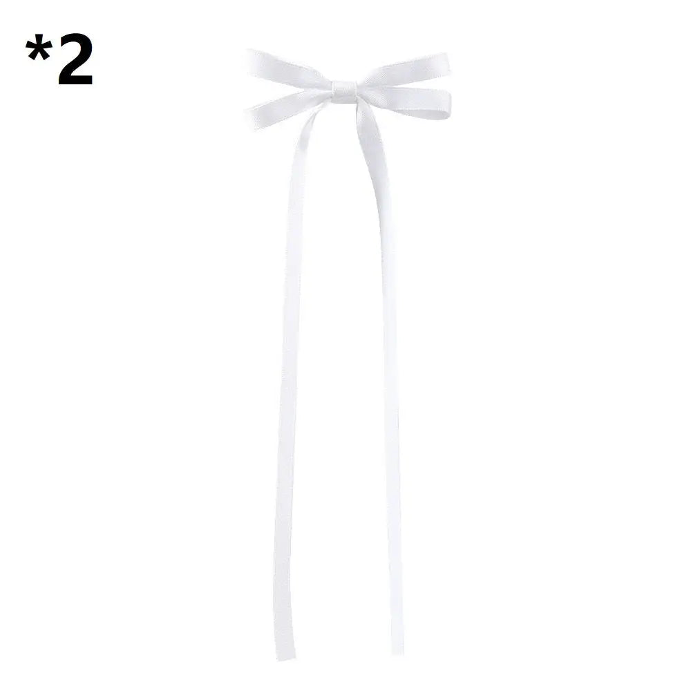White satin bow braided hair ribbon tie set featuring a neat bow with long flowing tails for hair tie double use
