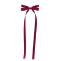 A deep burgundy satin bow braided hair ribbon tie set with a sleek double hair tie design and long tails