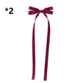 A pair of elegant deep burgundy satin bow braided hair ribbon ties with long tails for hair tie double styling
