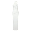 A sleek satin white ribbon flower halter gown with a fitted silhouette and elegant floral embellishment at the shoulder