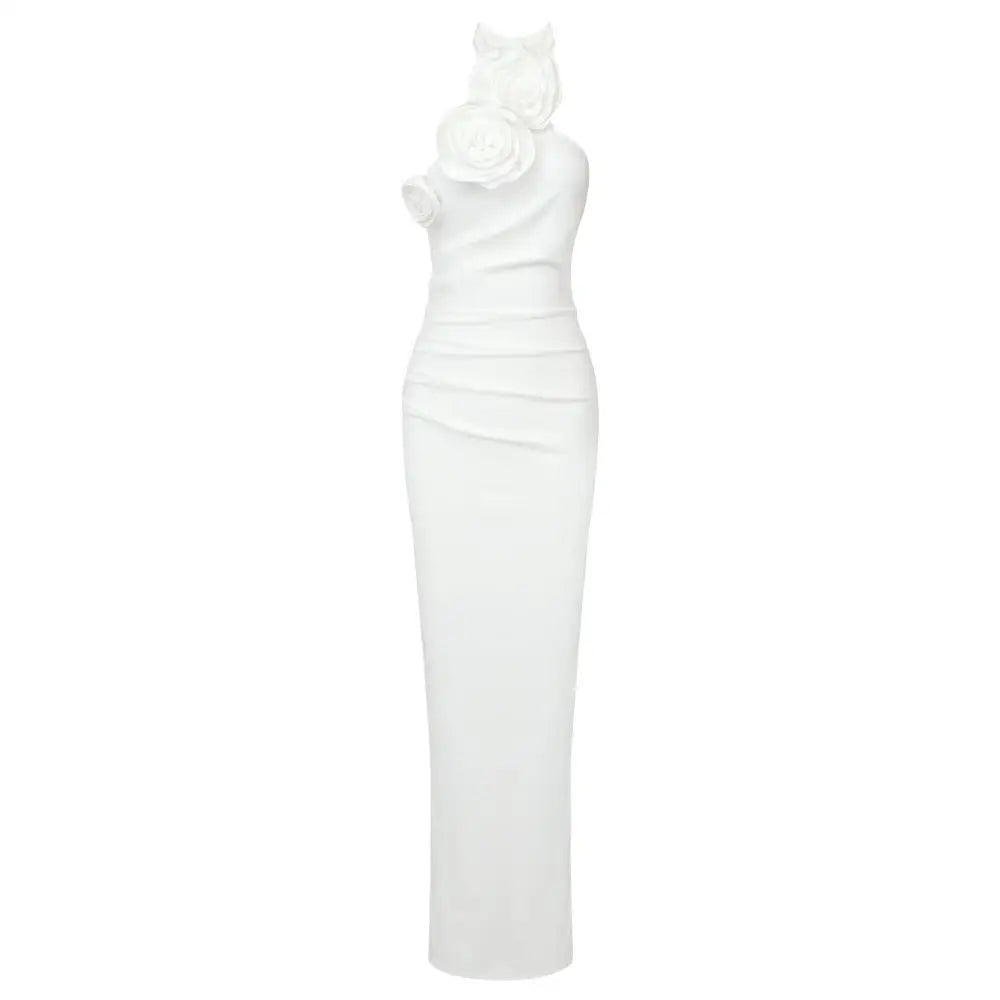A sleek satin white ribbon flower halter gown with a fitted silhouette and elegant floral embellishment at the shoulder
