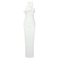 A sleek satin white ribbon flower halter gown with a fitted silhouette and elegant ruching details
