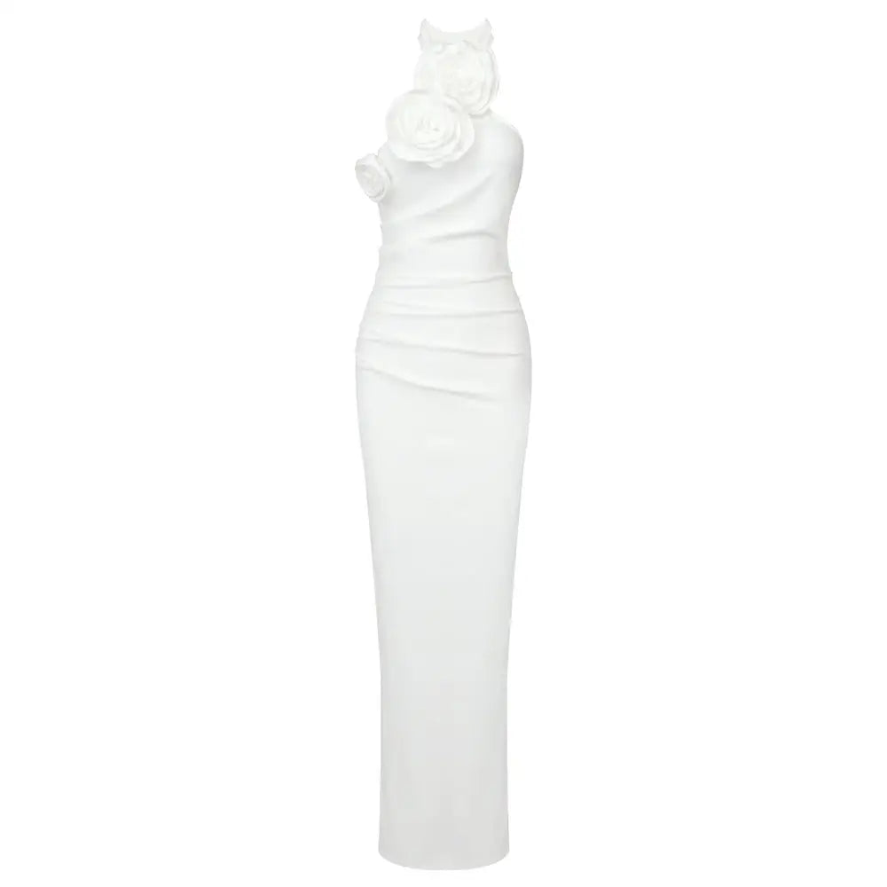 A sleek satin white ribbon flower halter gown with a fitted silhouette and elegant ruching details