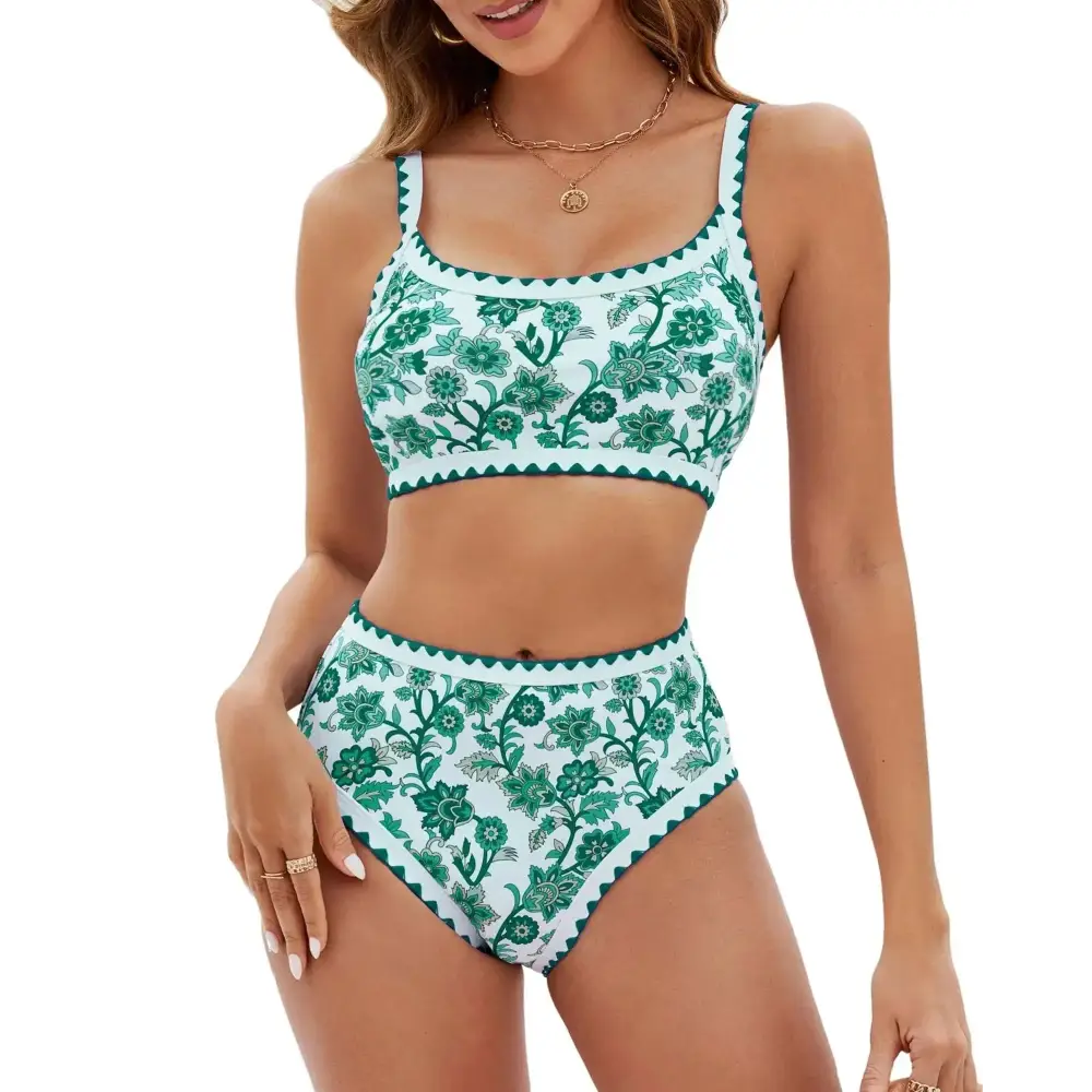 White and green floral high waisted bikini set with scalloped edges and square neckline top