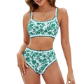 White and green scalloped floral high waisted bikini set with square neckline and high waisted bottom