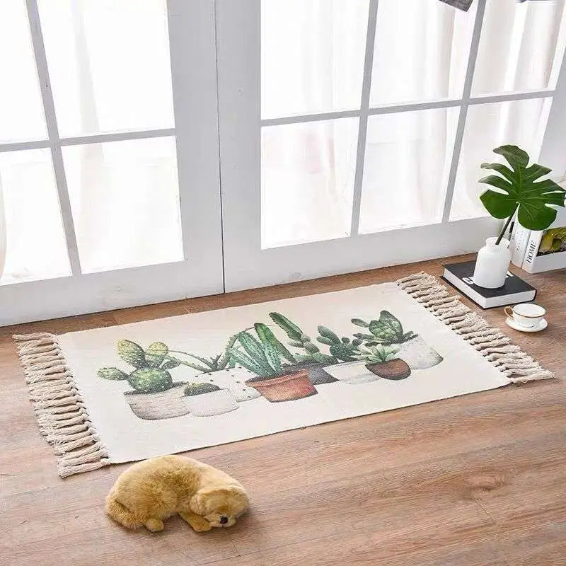 Scandinavian style linen cotton rug with tassels featuring a blue red and white geometric pattern in rectangular form