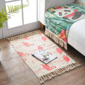 Beige scandinavian style linen cotton rug with pink flamingo geometric pattern and natural fiber tassels