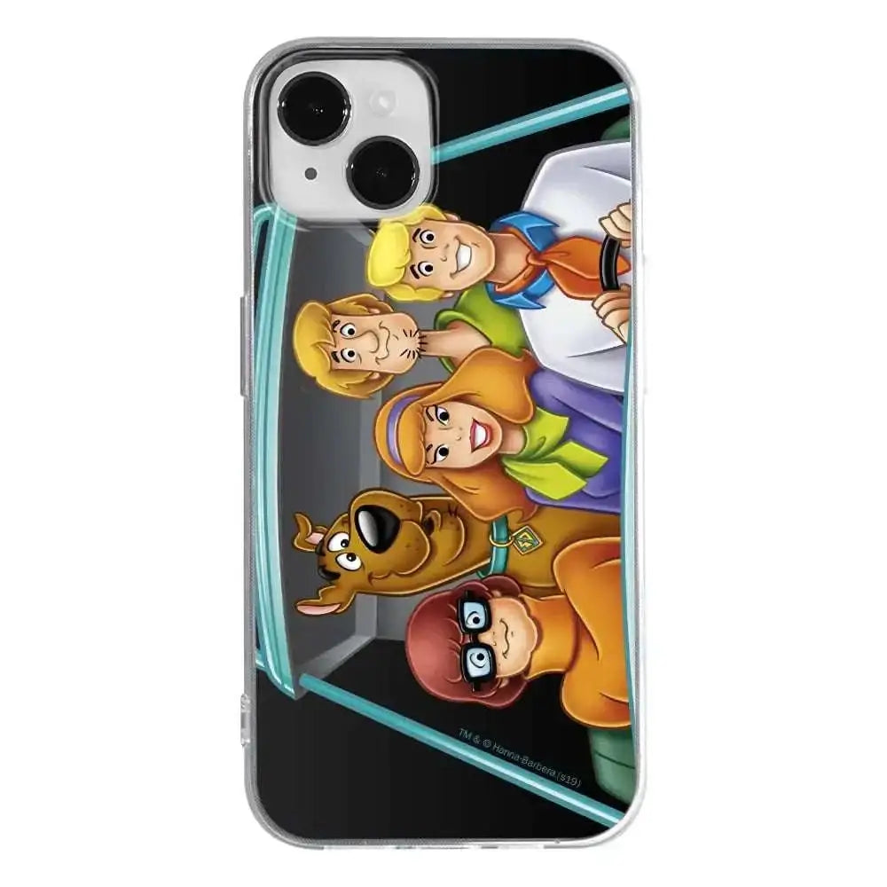 Clear phone case featuring vibrant scooby doo apple iphone 14 plus cartoon illustration on the back side