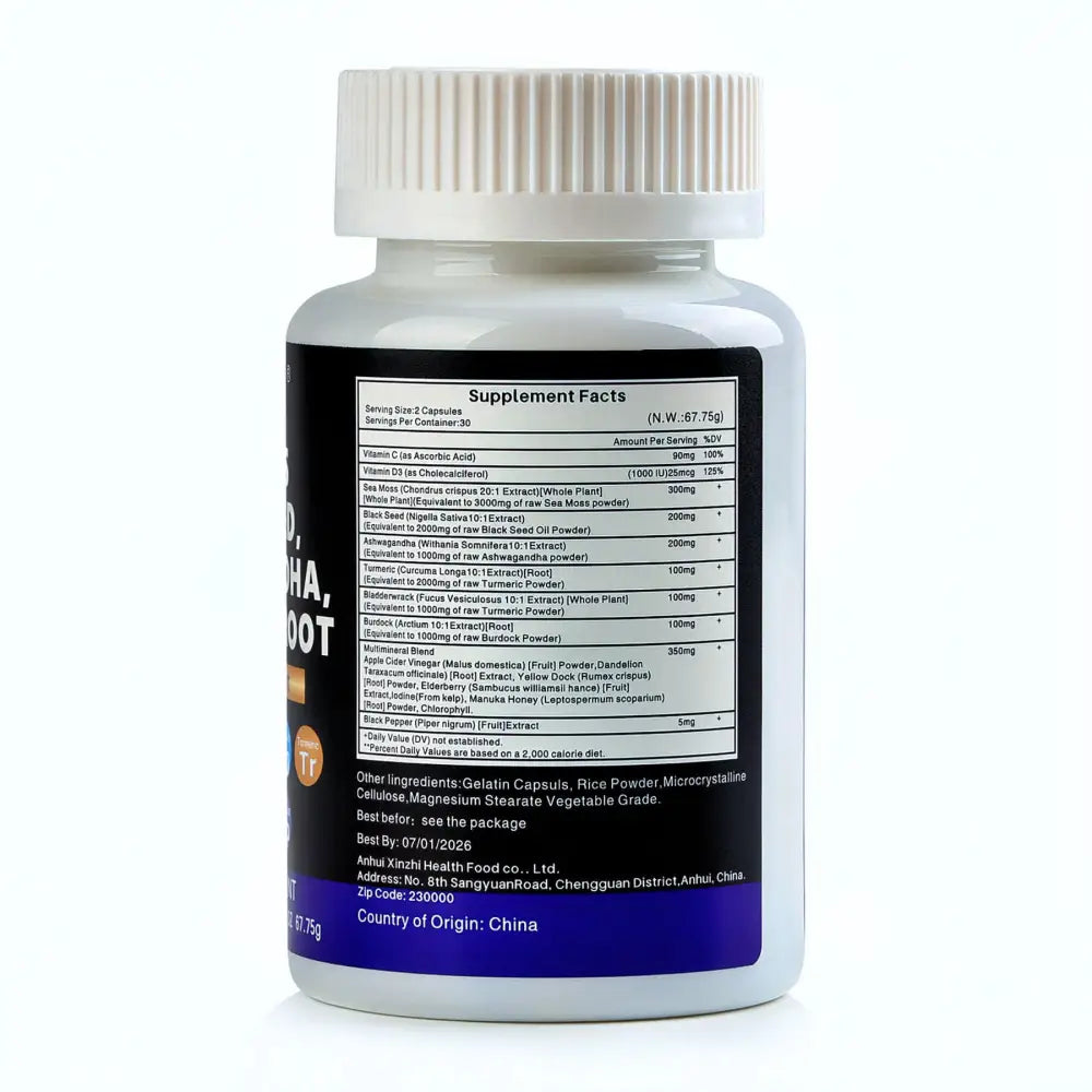 White plastic supplement bottle with ribbed cap and black label showing ingredients for sea moss and black seed oil capsules