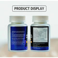 Two translucent white plastic bottles with blue labels showing supplement facts for sea moss and black seed oil capsules
