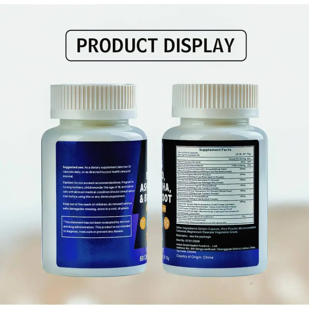 Two translucent white plastic bottles with blue labels showing supplement facts for sea moss and black seed oil capsules