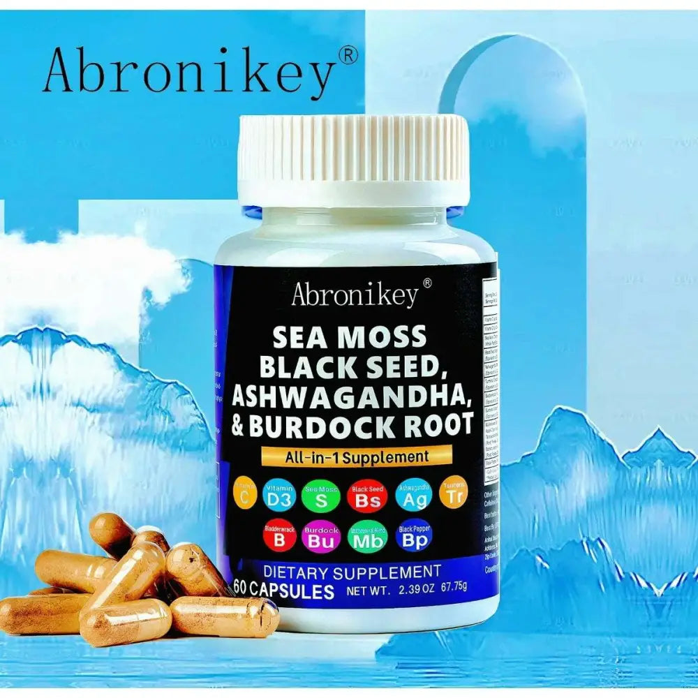 A white plastic bottle of abronikay sea moss and black seed oil capsules with ashwagandha extract and bladderwrack