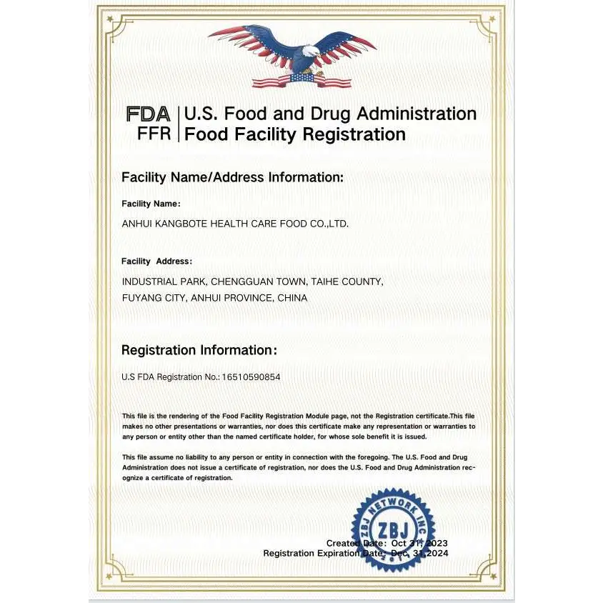Official fda food facility registration certificate for anhui kangbote health care food co ltd sea moss and black seed oil capsules