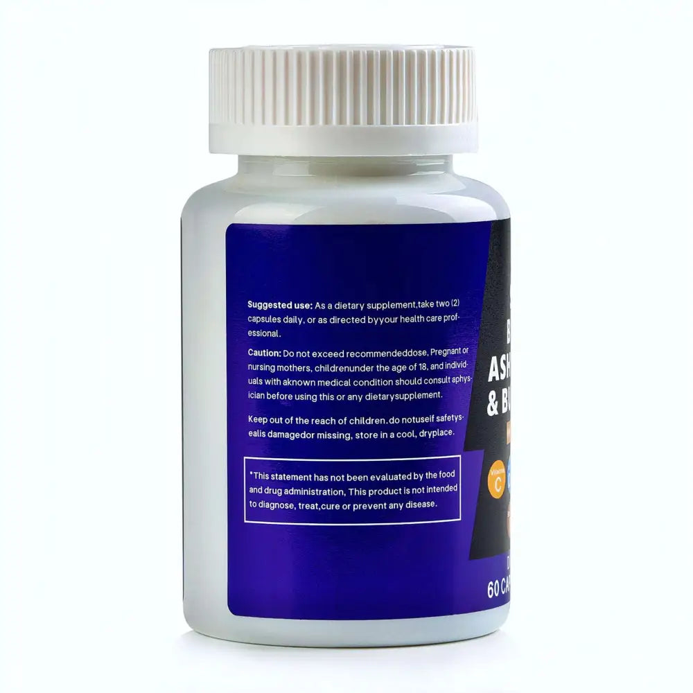 White plastic bottle with ribbed white cap and purple label containing sea moss and black seed oil capsules