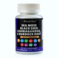 A white plastic bottle with a dark blue label showing abronikay sea moss black seed oil and ashwagandha extract capsules