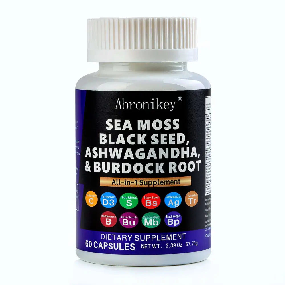 A white plastic bottle with a dark blue label showing abronikay sea moss black seed oil and ashwagandha extract capsules