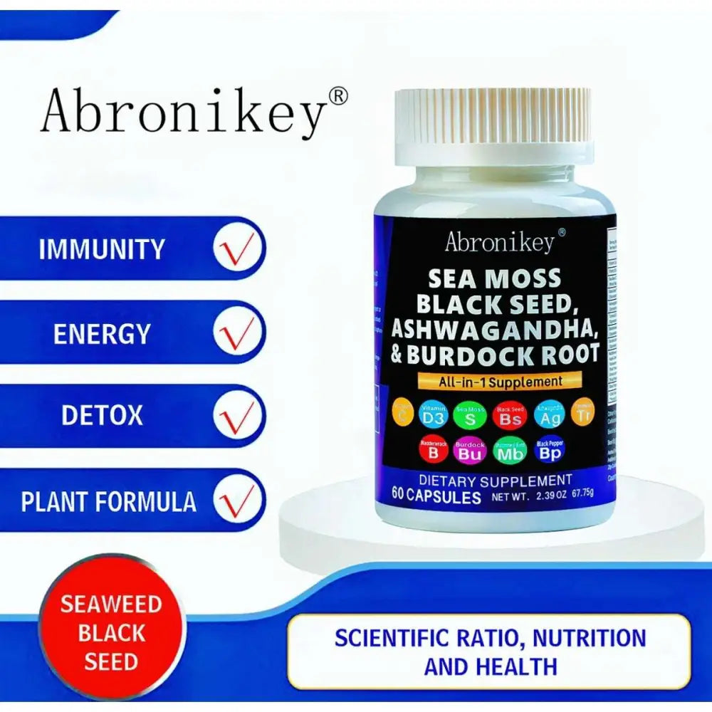 A white plastic bottle with a black label of Abronikay sea moss and black seed oil capsules featuring ashwagandha extract
