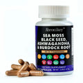 A white plastic bottle of abronikay sea moss and black seed oil capsules with ashwagandha extract and other ingredients