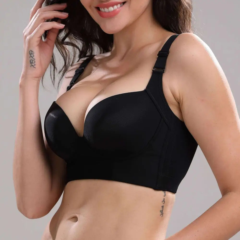 Seamless black plus size bra without wire featuring adjustable straps and royale essence lux smooth design