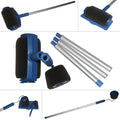 Blue foam roller with silver metal handle and adjustable poles for precise corner paint using seamless sponge corner brush