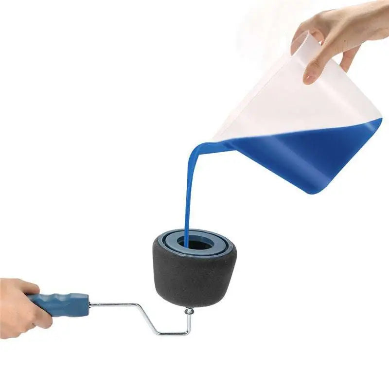 Blue paint being poured into a black roller tray with blue handle for precise corner paint using seamless sponge corner roller