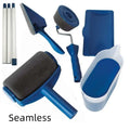 Blue paint roller with a dark gray foam seamless sponge corner sleeve and matching blue handle for precise corner paint