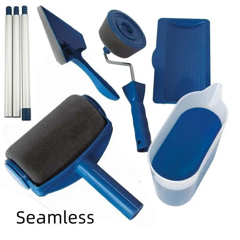 Blue paint roller with a dark gray foam seamless sponge corner sleeve and matching blue handle for precise corner paint