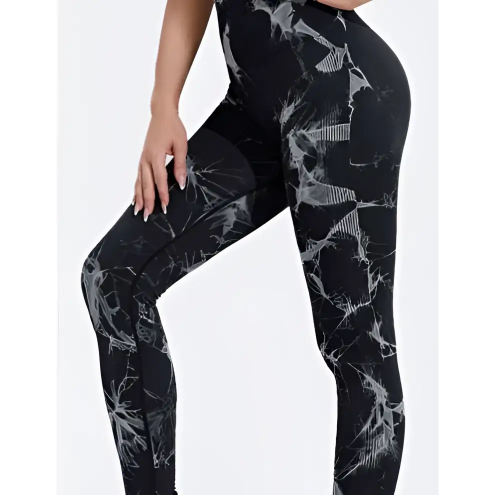 Black and white seamless tie dye high waisted yoga leggings women with abstract pattern for activewear