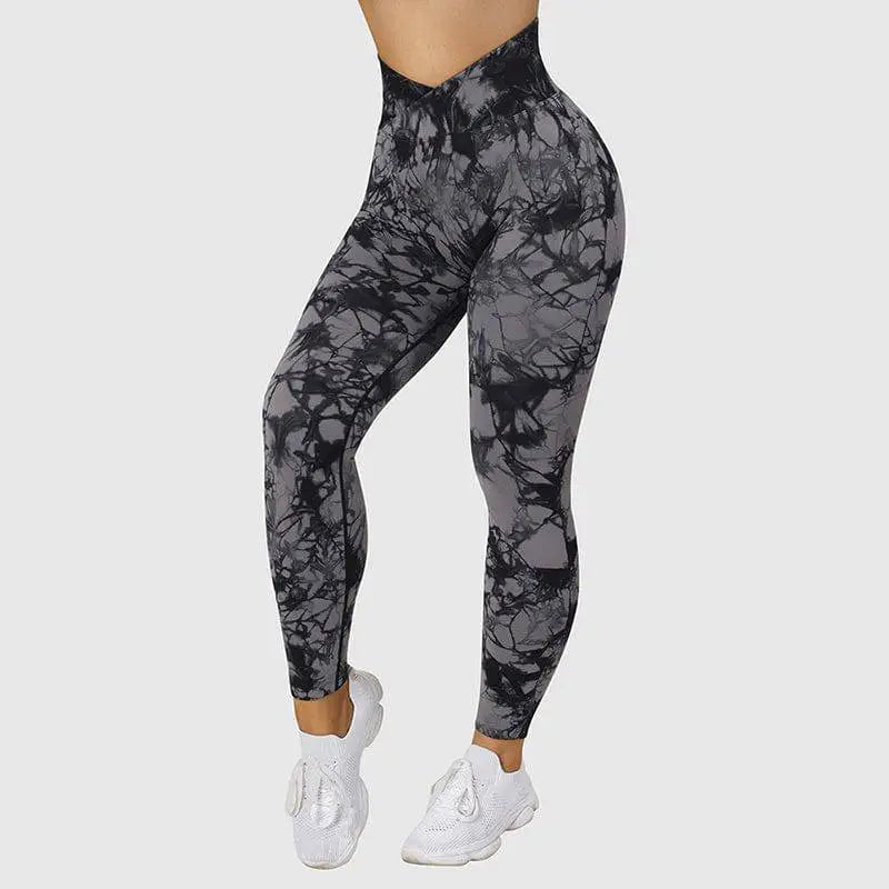 Seamless tie dye high waisted yoga leggings for women in black and gray made from stretchy athletic fabric